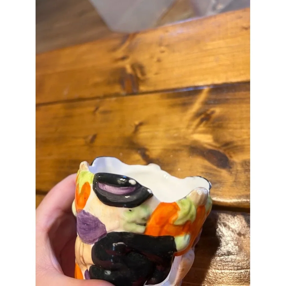 Halloween Witch Ceramic Toothbrush Holder Pumpkins Orange Purple Hand Painted
